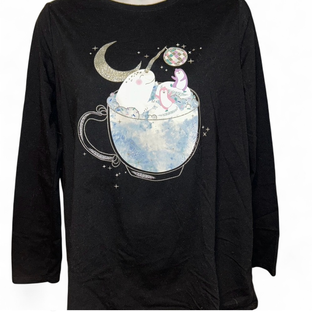 Cat & Jack Black Long Sleeve Shirt with Narwhal and Cup Design